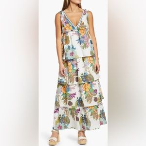 Raga White Floral Print Hibiscus Palms Maxi Dress Size Medium (8-10) NWT